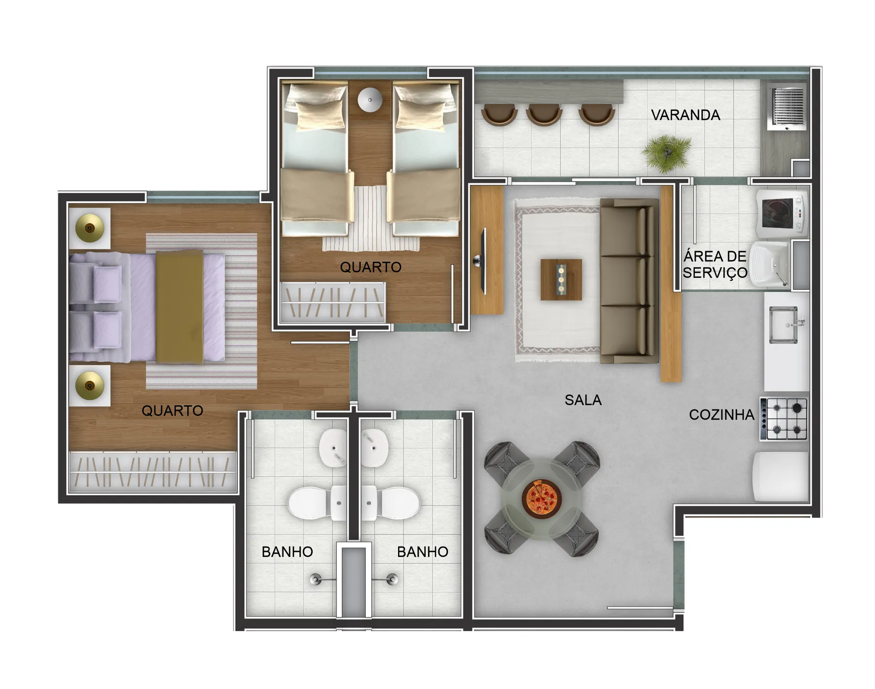 Diagrama da planta de apartamento de 2 quartos com suíte e varanda gourmet, 52,89 m².