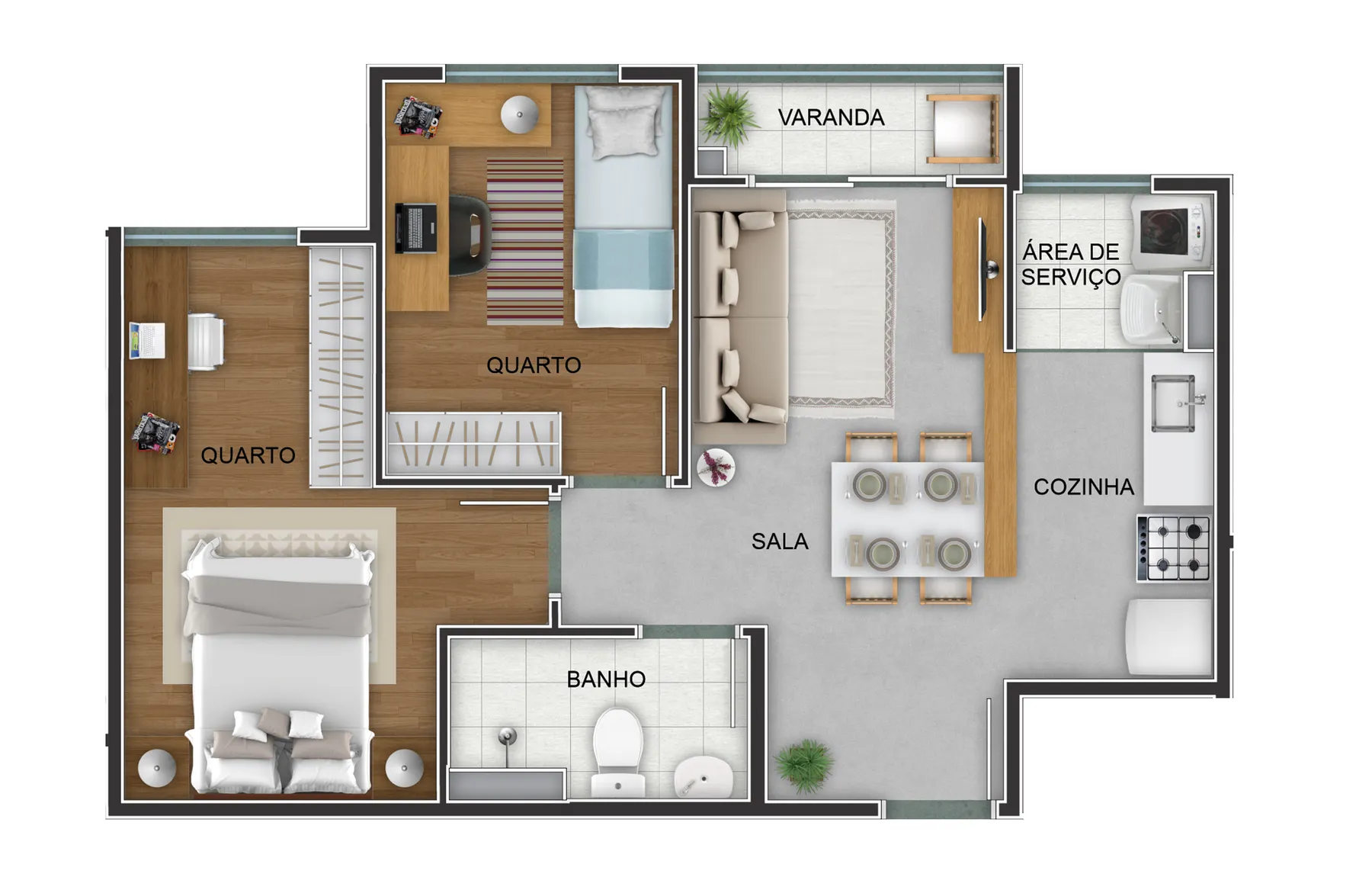 Diagrama da planta de apartamento de 2 quartos com varanda, 46,50 m².