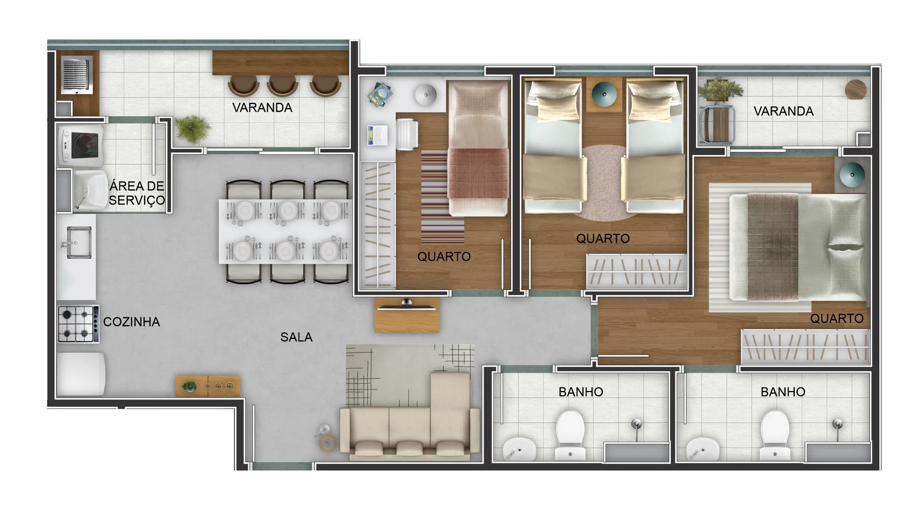 Diagrama da planta de apartamento de 3 quartos com suíte e varanda gourmet, de 63,95 a 64,66 m².
